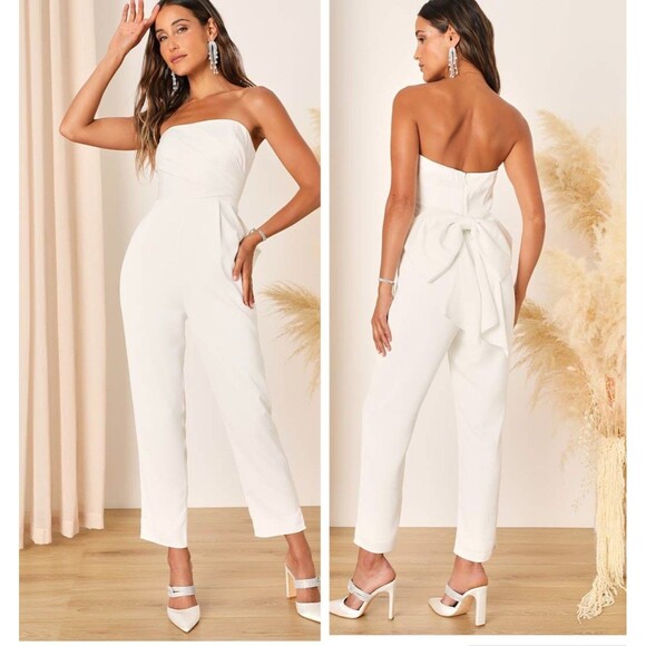 Lulus Beloved Bliss Ivory Strapless Slim Leg Bow Jumpsuit Size Small Bridal NWT - Picture 1 of 11